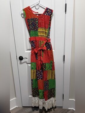Vintage Handmade Patchwork Prairie Maxi Dress Cottagecore Eyelet Hem Tie Waist